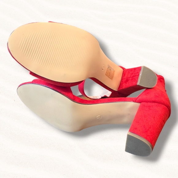 Women's  Peep Toe Ankle Strap Buckle Chunky High Heels Sandals  Red Shoes Sz 9 - Picture 2 of 6